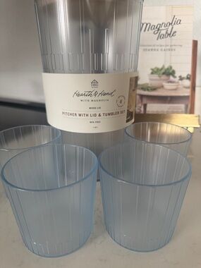 Hearth & Hand Light Blue Pitcher with 4 Matching Tumblers